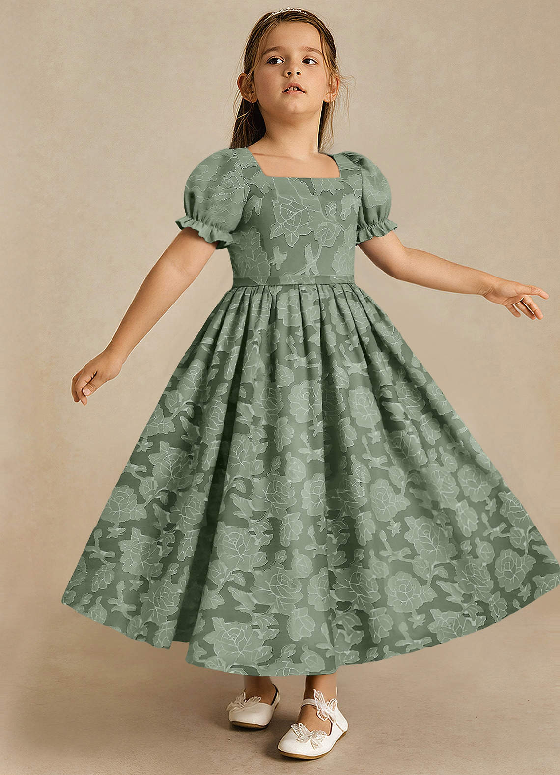 Azazie Joss Blumenmädchenkleider A-Linie mit ärmel Blumen-Burnout Kleid Matcha image2