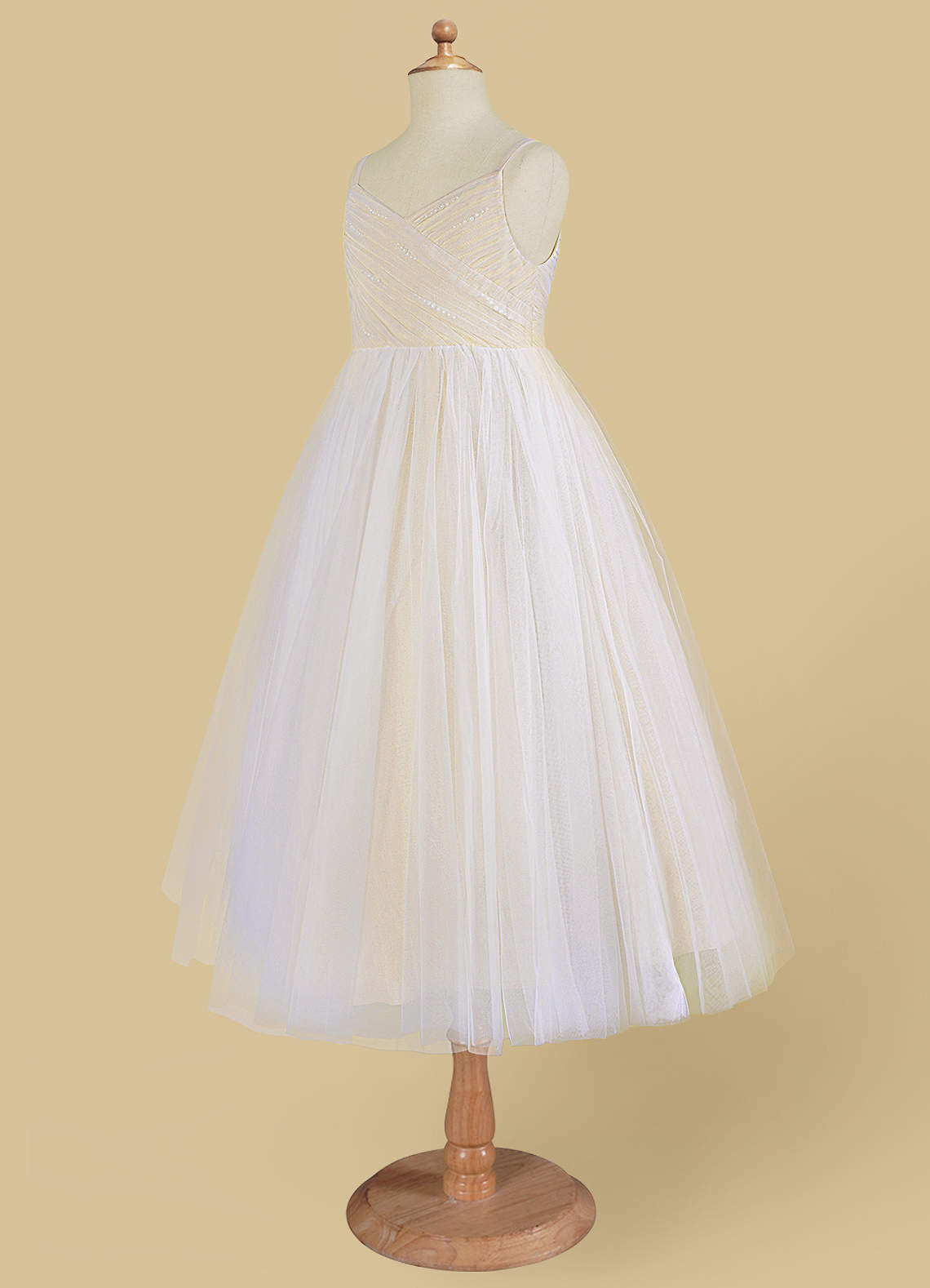 Azazie Amya Flower Girl Dresses Diamond White Champagne A-Line Pleated Tulle Dress image7