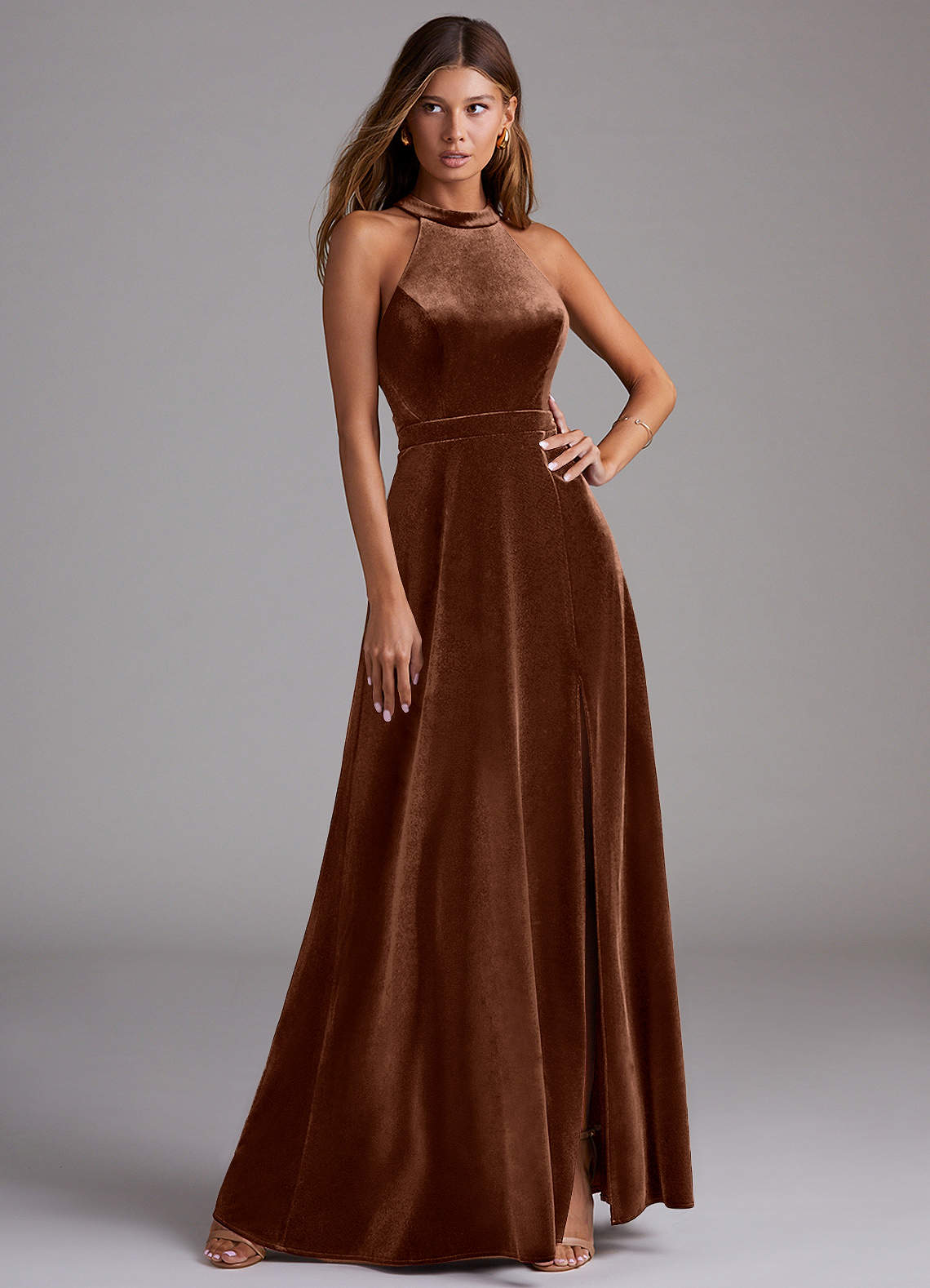 Azazie Clarice Jurken voor bruidsmeisjes Jurk van flueel met A-Lijn Zijsplit Omber image1