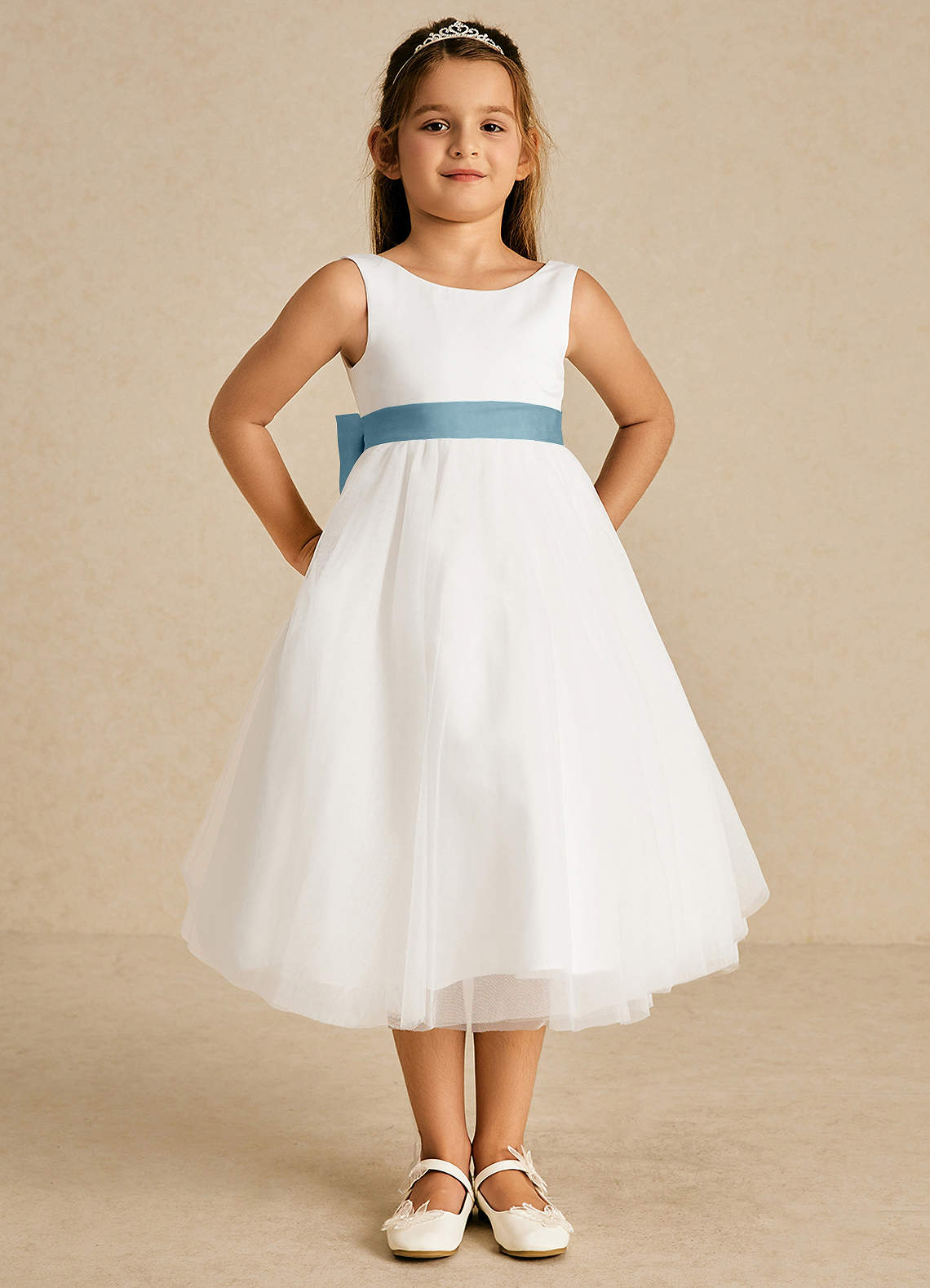 Azazie Kavi Flower Girl Dresses Ivory Moody Blue A-Line Bow Matte Satin Dress image1