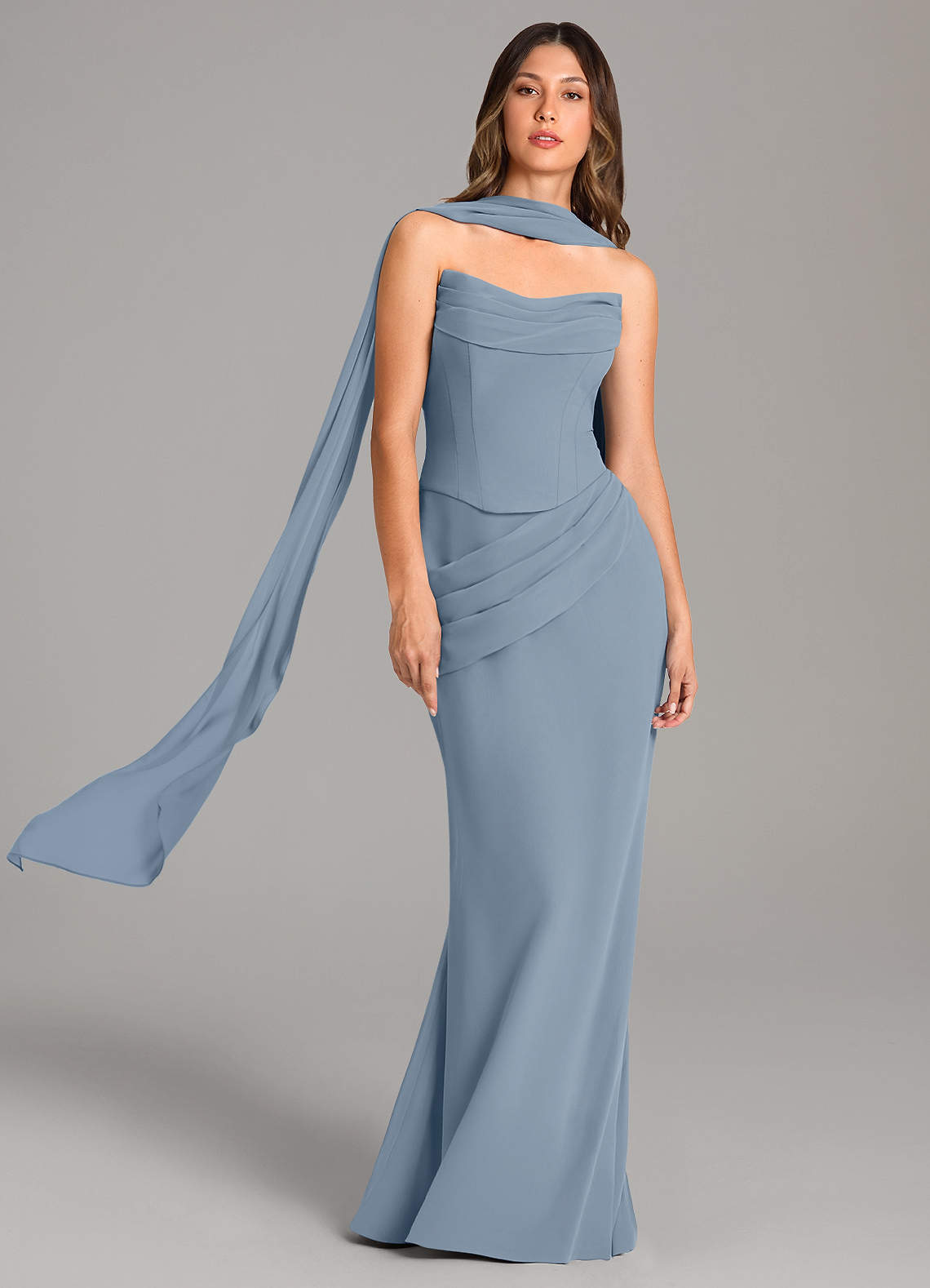 Azazie Sorrel Jurken voor bruidsmeisjes Jurk van Chiffon met Zeemeermin Korset Stoffig Blauw image1