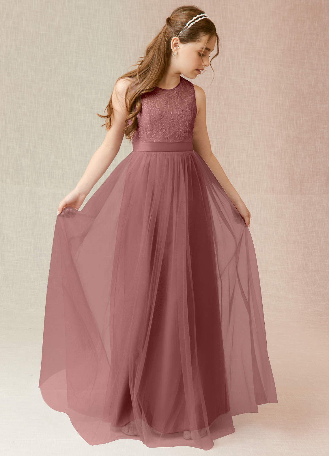 Azazie Georgette Junior Abito A-Line in Tulle Pizzo Rosa Del Deserto image1