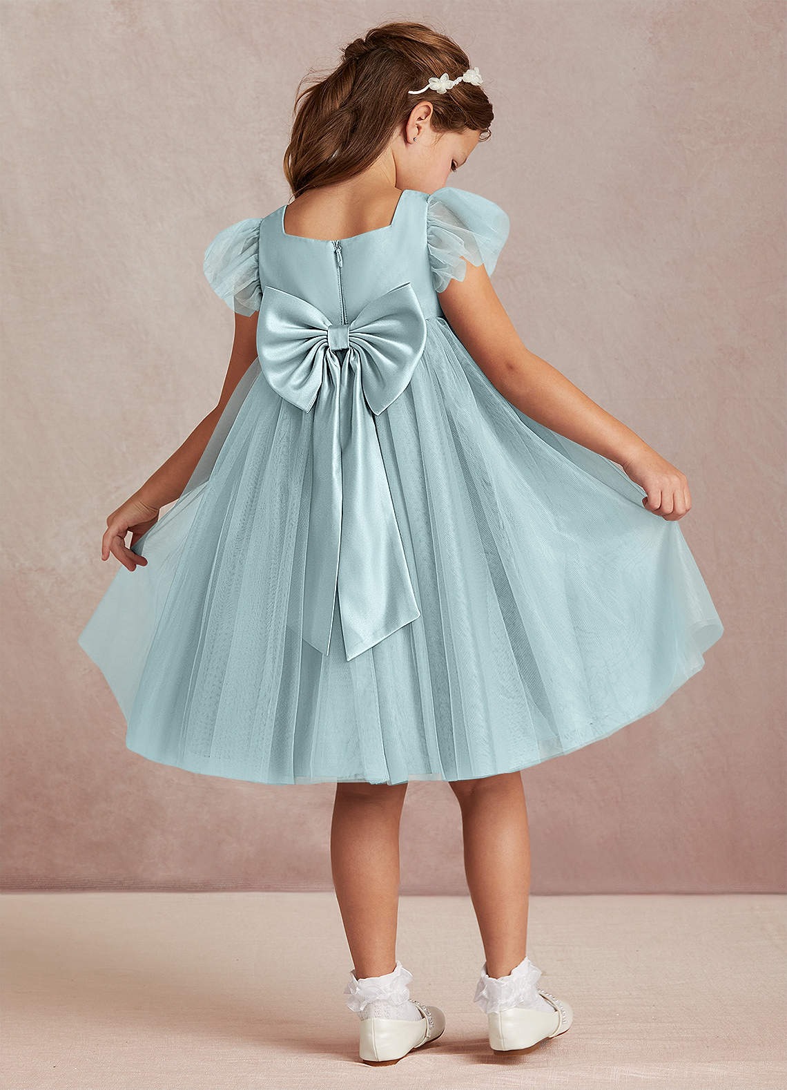 Azazie Kalio Abiti da Ragazza di Fiori Abito A-Line in Tulle Con Maniche Nebbia image1