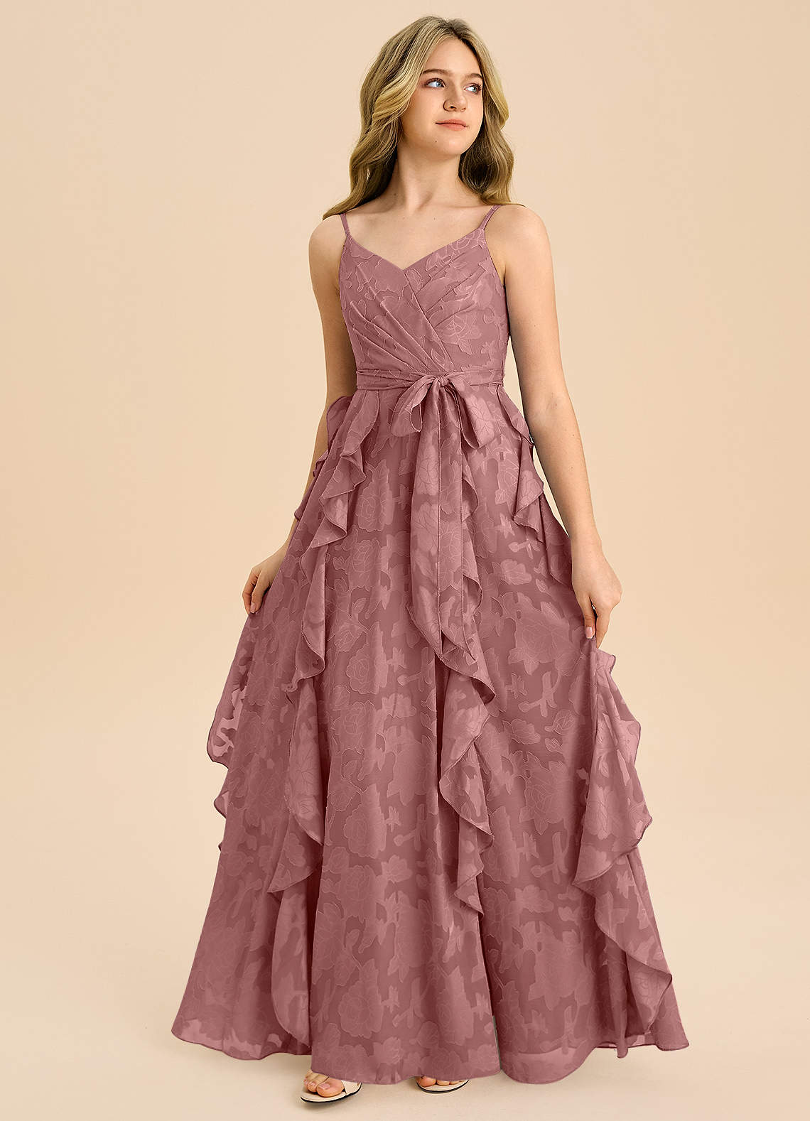 Azazie Peyton Junior Linia A Pofałdowany Kwiatowe wypalenie Długość podłogi Młodsza druhna Sukienka image3