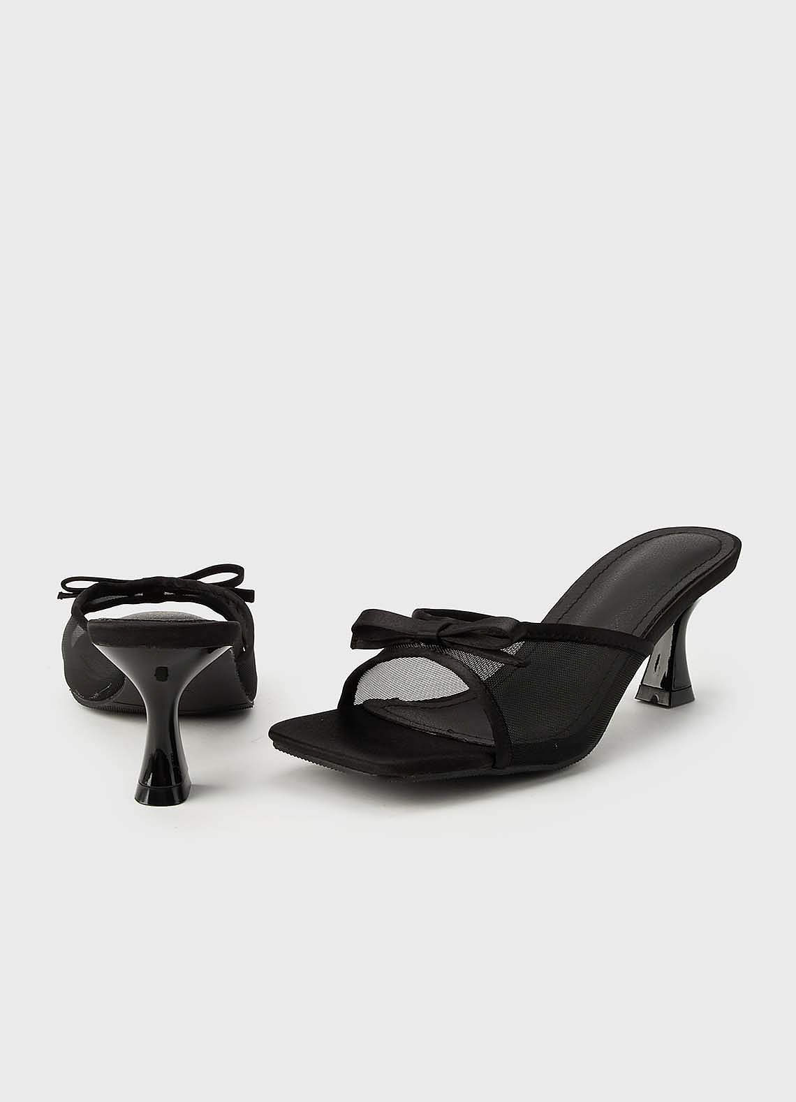 front Mesh Bow Kitten Heel Mules