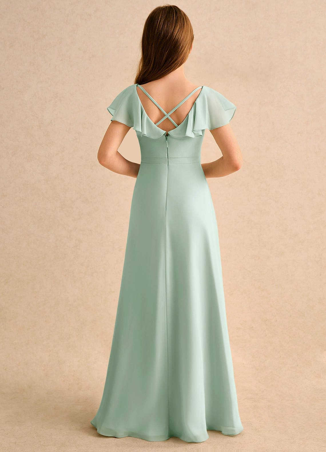 Azazie Nari Girls Formal Vestidos de florista Vestido Agave de Chiffon de Linha A com com Mangas image1