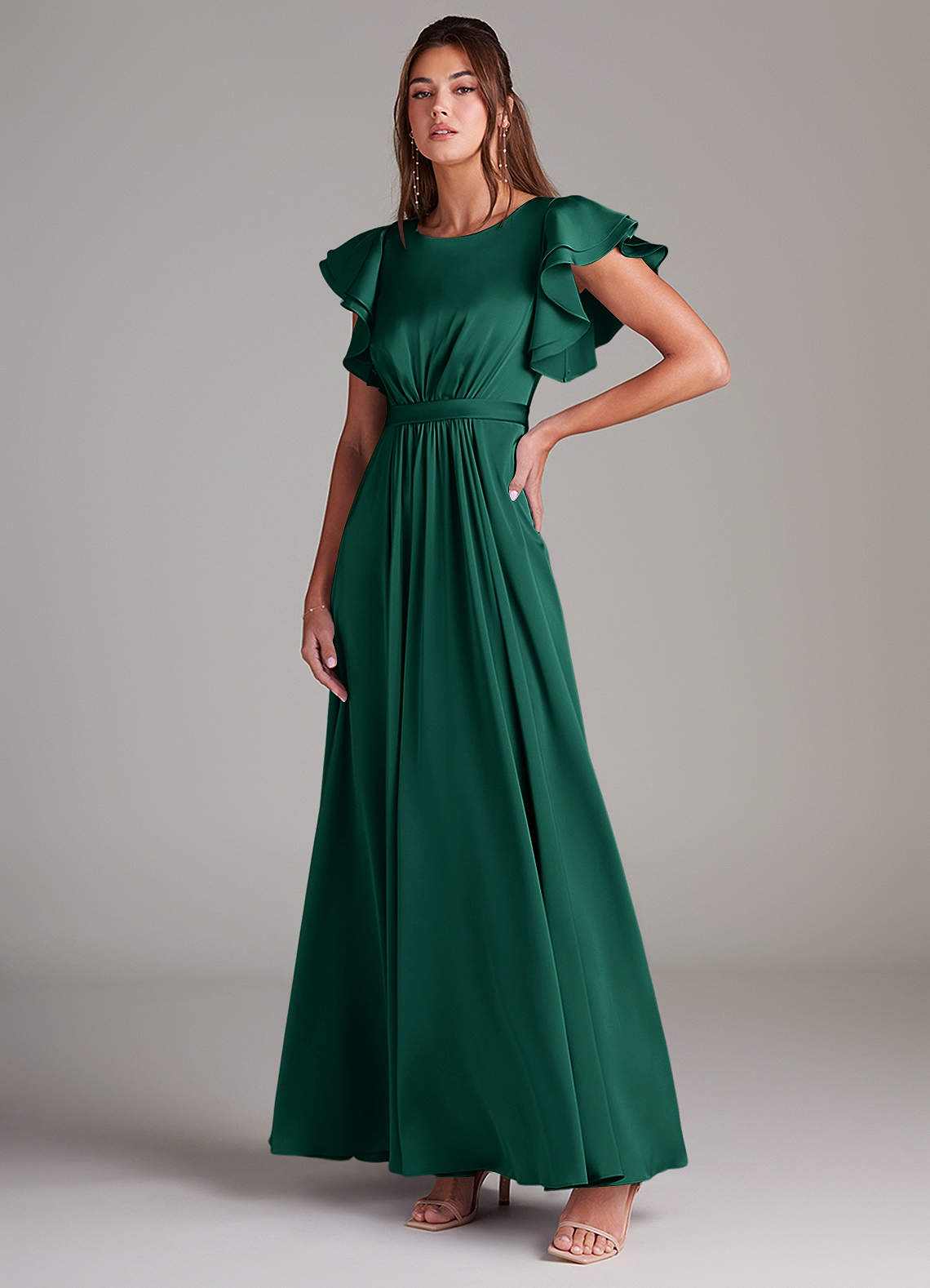 Azazie Daphne Modest Bridesmaid Dresses A-Line Ruched Stretch Satin Floor-Length Dress image3