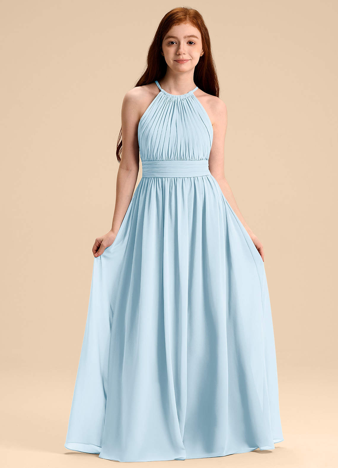 Azazie Malone Junior A라인 주름진 쉬폰 플로어 길이 주니어 신부 들러리 드레스 image1