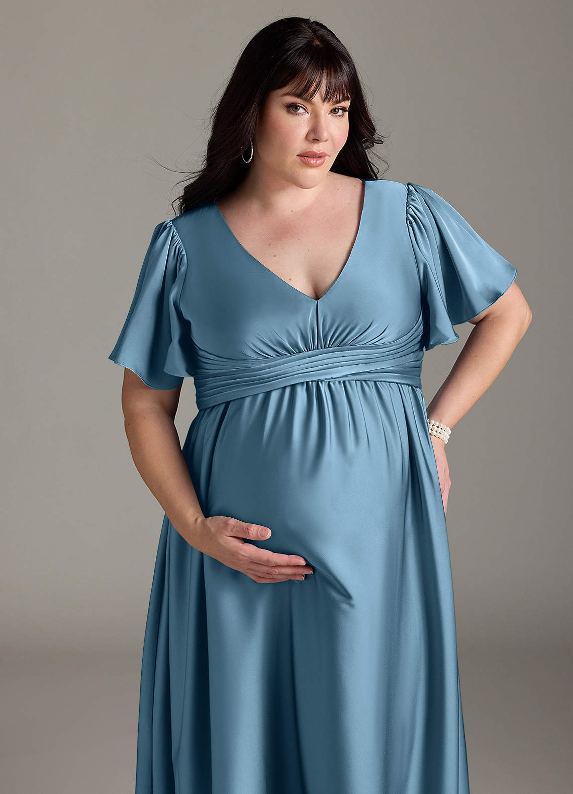 Azazie Verna Maternity Bridesmaid Dresses A-Line Ruched Stretch Satin Floor-Length Dress image14