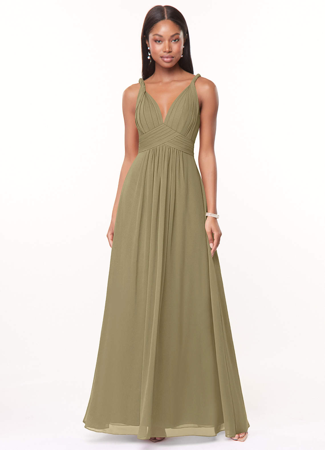 Azazie Maren Robes de demoiselle d'honneur Robe Trapèze en Mousseline de soie Plissée Vert Mousse image1