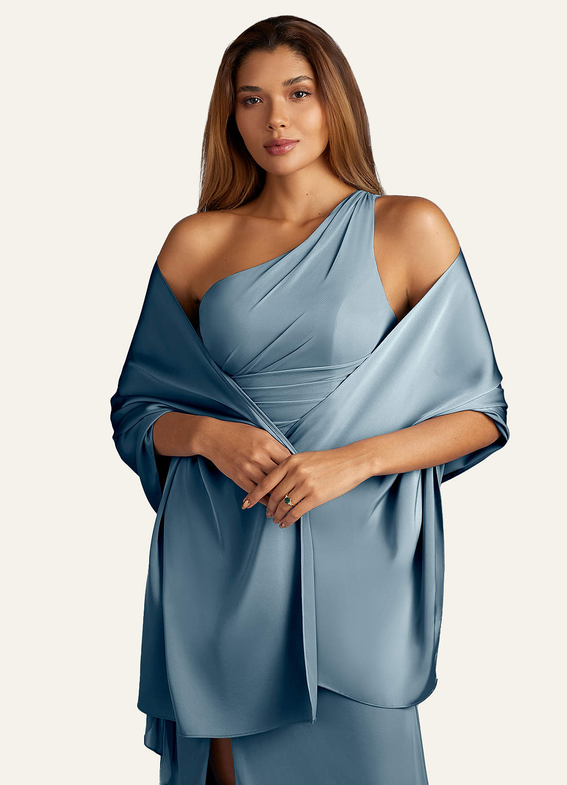front Azazie Matching Color Aleena Stretch Satin Shawl