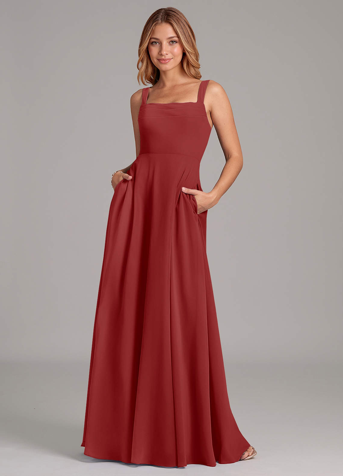 Azazie Shaude Bridesmaid Dresses Rust A-Line Pleated Chiffon Dress image1