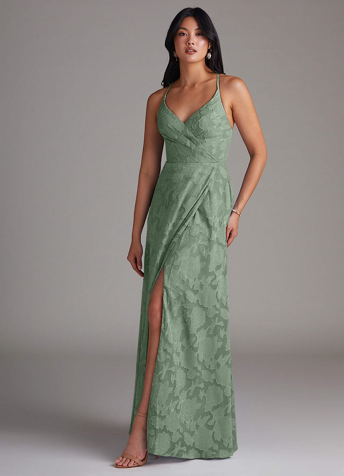 Azazie Davis Bridesmaid Dresses Matcha A-Line Pleated Floral Burnout Dress image1