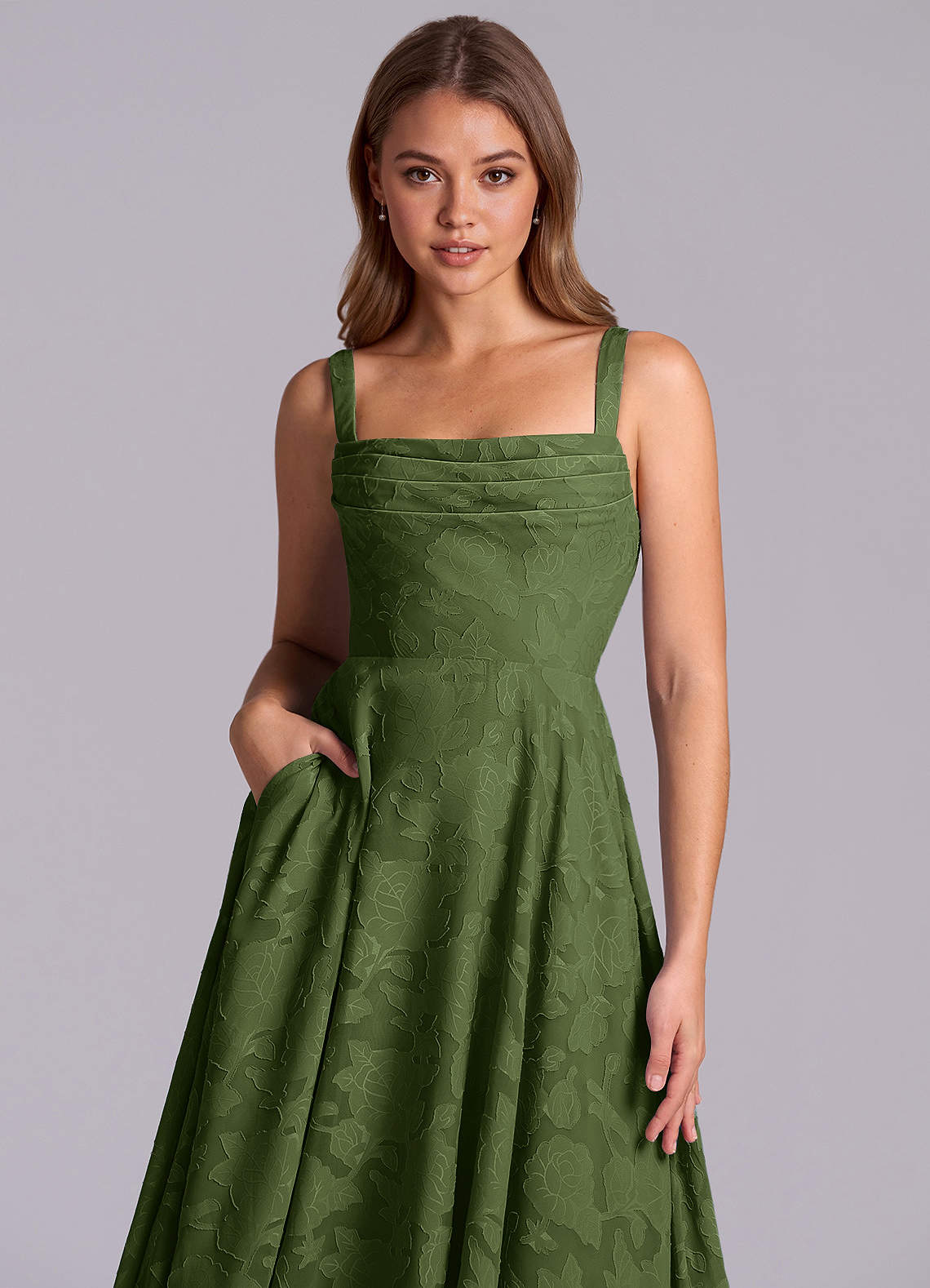 Azazie Shaude Bridesmaid Dresses Olive A-Line Pleated Floral Burnout Dress image2