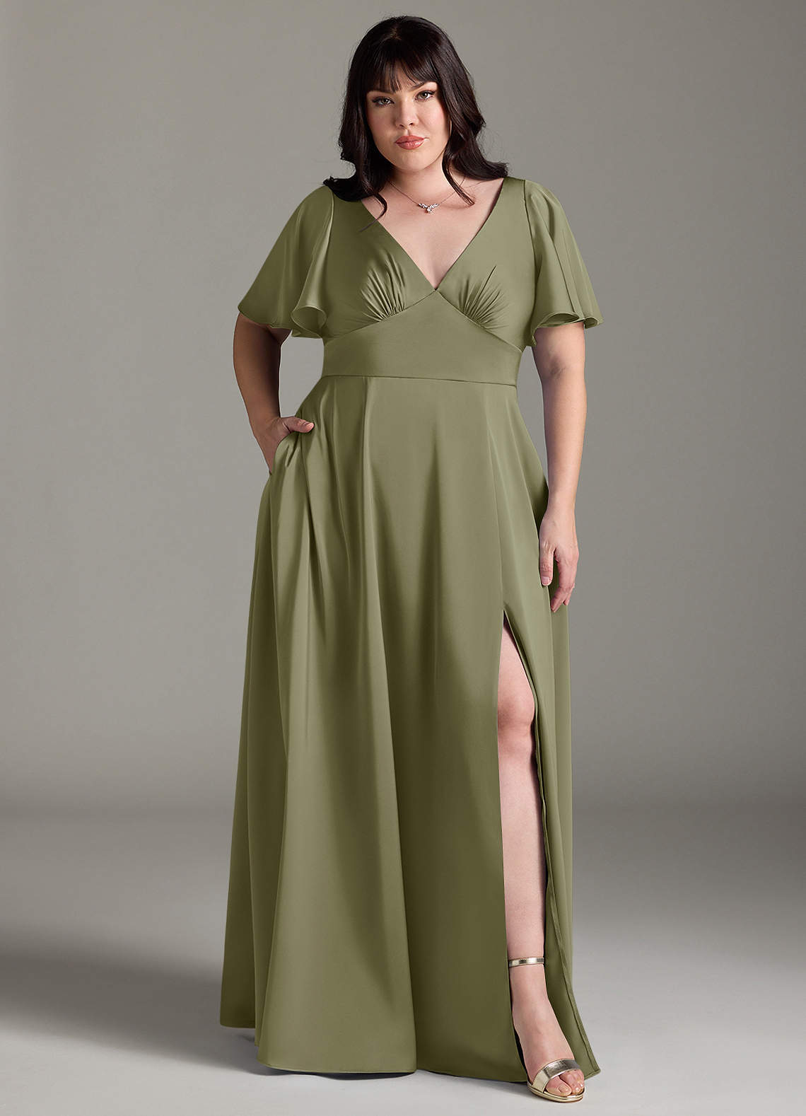 Azazie Kimber Brudtärnklänningar Klänning av A-Line i Stretch Satin Ruched Pistasch image1