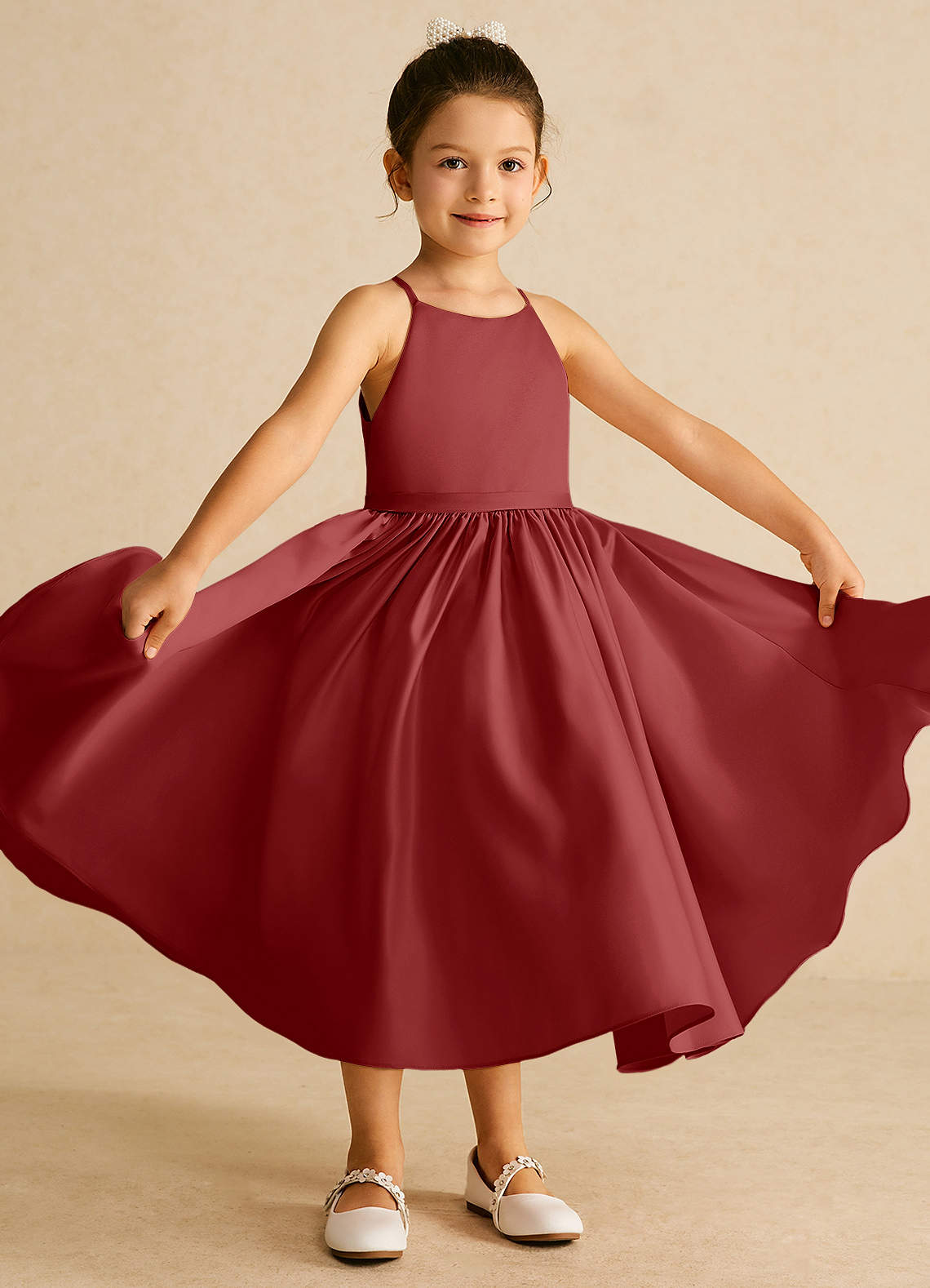 Azazie Sunray Flower Girl Dresses Rust A-Line Spaghetti Strap Matte Satin Dress image1