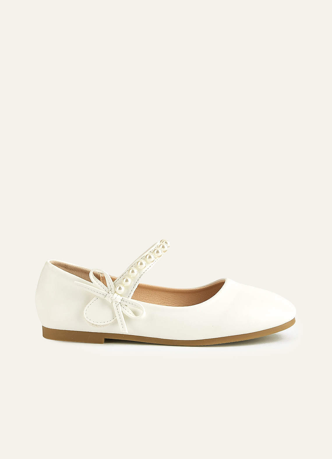 front Pearl Strap and Bow Girls Flat Shoes