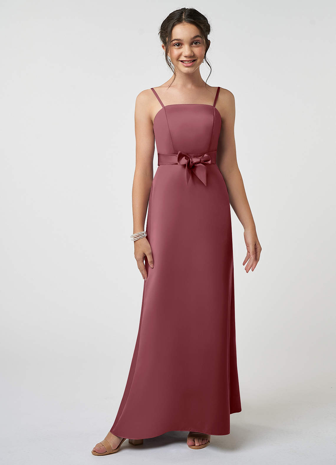 Azazie Anina Junior Robe Trapèze en Satin extensible Arc Rose Du Désert image1