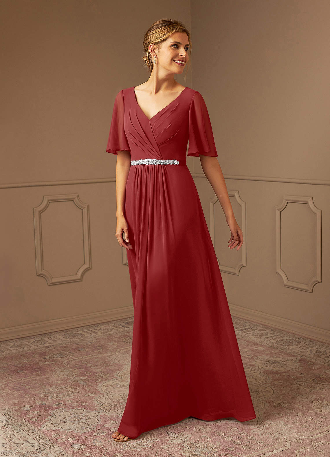 Azazie Tricia Kleider für die Brautmutter A-Linie V-Hals Gefaltet Chiffon Kleid Rost image1