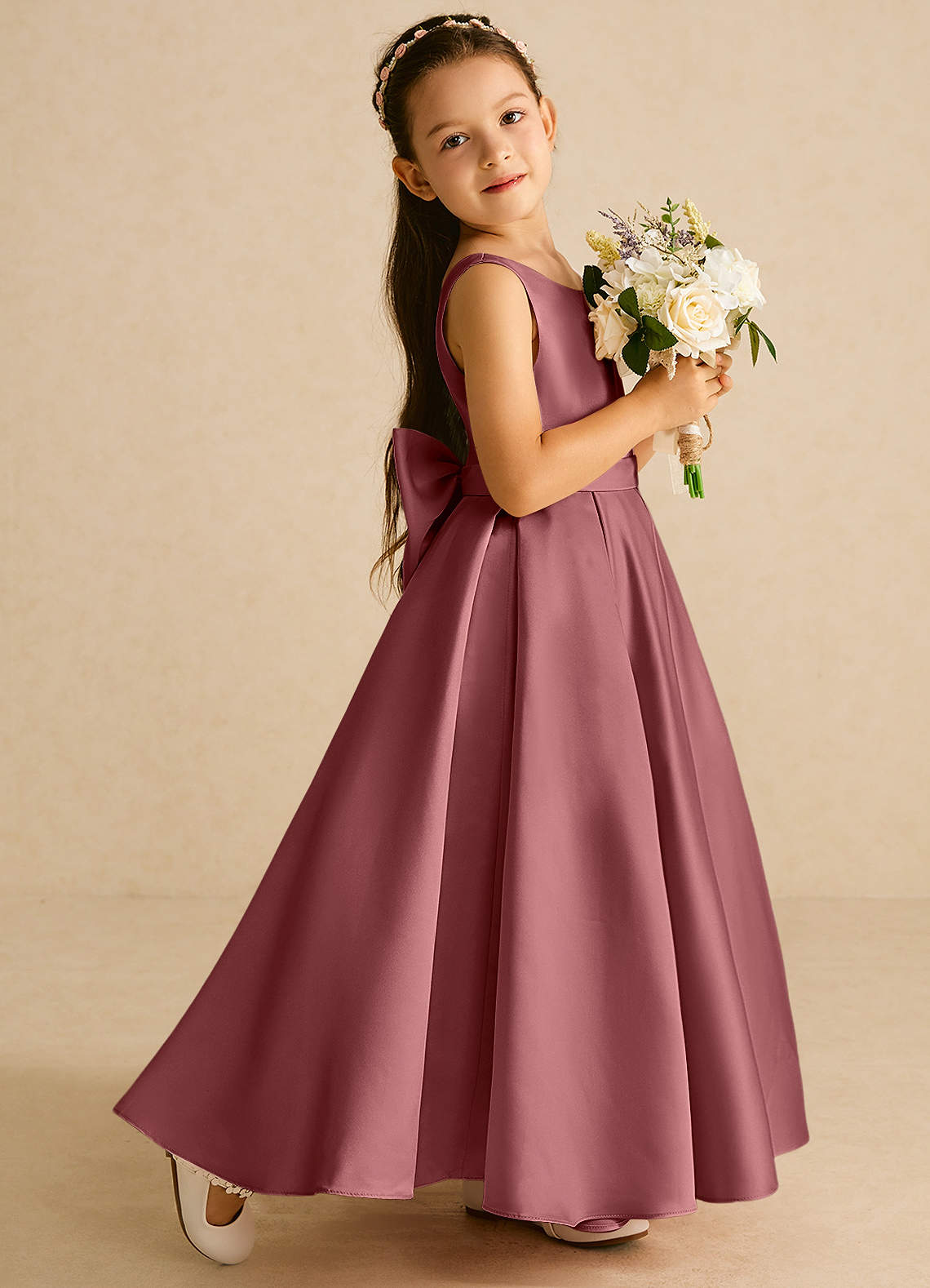 Azazie Pipsy Robe Demoiselle D'honneur Fillette Robe Trapèze en Mat Satiné Arc Améthyste image2