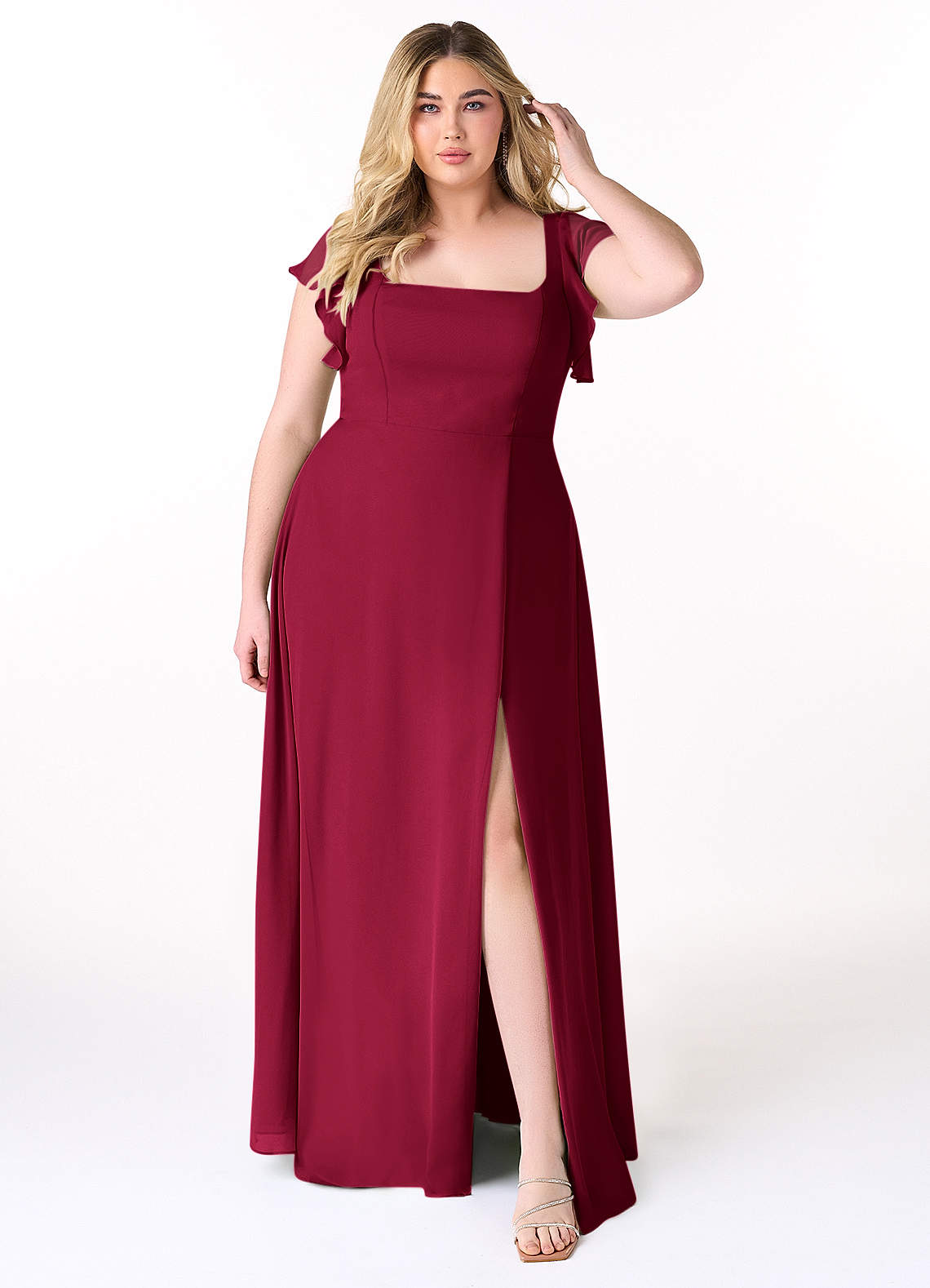 Azazie Bondi Brautjungfernkleider A-Linie Gekräuselt Chiffon Kleid Burgunderrot image1