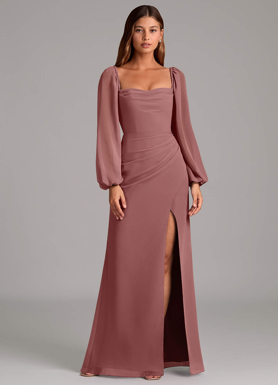 Azazie Brixley 신부 들러리 드레스 인어 긴팔 쉬폰 바닥 길이 드레스 image1