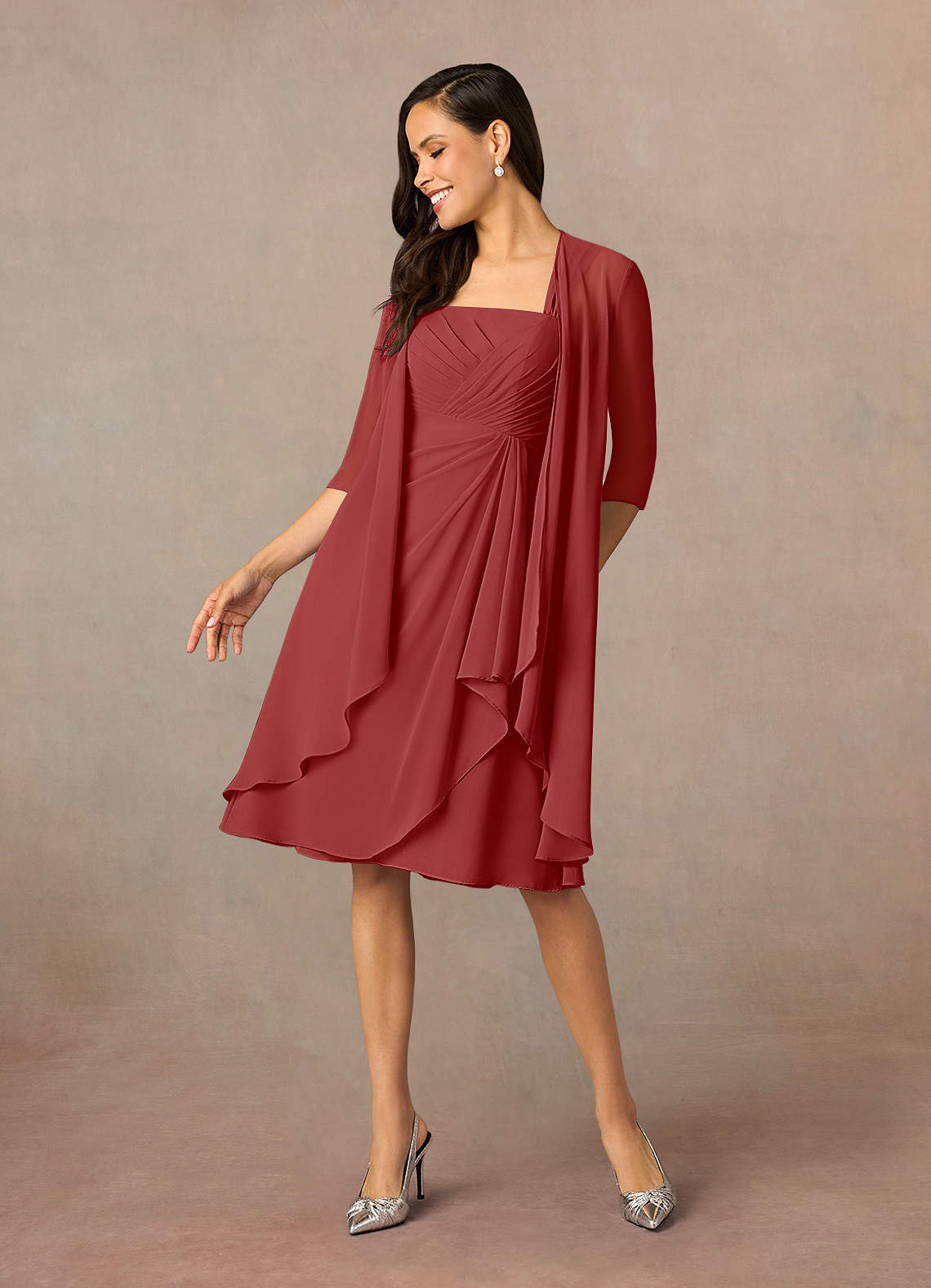 Azazie Olivia Rust A-Line Square Neckline Pleated Chiffon Dress | Azazie