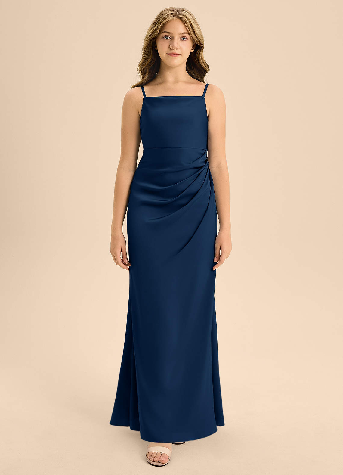 Azazie Renna Junior A-Linie Plissee Stretch-Satin Kleid Dunkelmarine image5