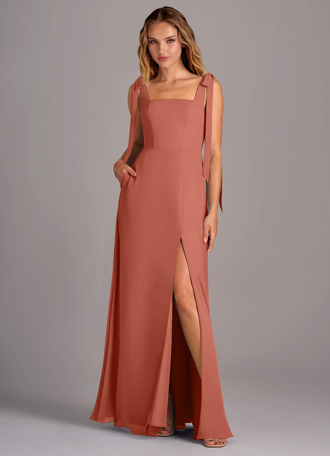 Azazie Debra Bridesmaid Dresses Clay A-Line with Pockets Chiffon Convertible Dress image1