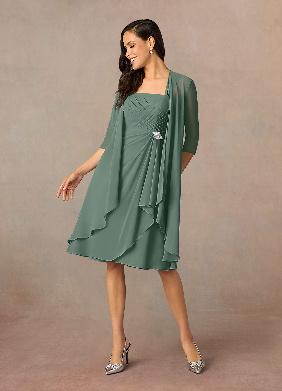 Azazie Olivia Mother of the Bride Dresses Eucalyptus A-Line Square Neckline Pleated Chiffon Dress image1