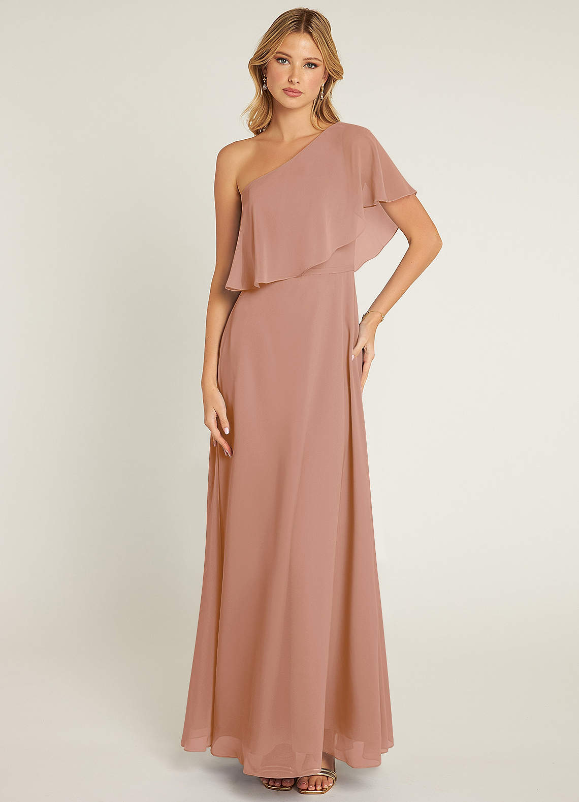 Azazie Lizzy Jurken voor bruidsmeisjes Jurk van Chiffon met A-Lijn One-Shoulder Champagne Roos image1
