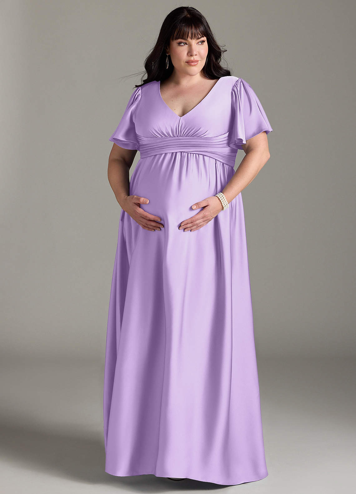 Azazie Verna vestidos de dama de honor de maternidad Vestido de Corte en A Volante Hasta el suelo Satén Elástico image12