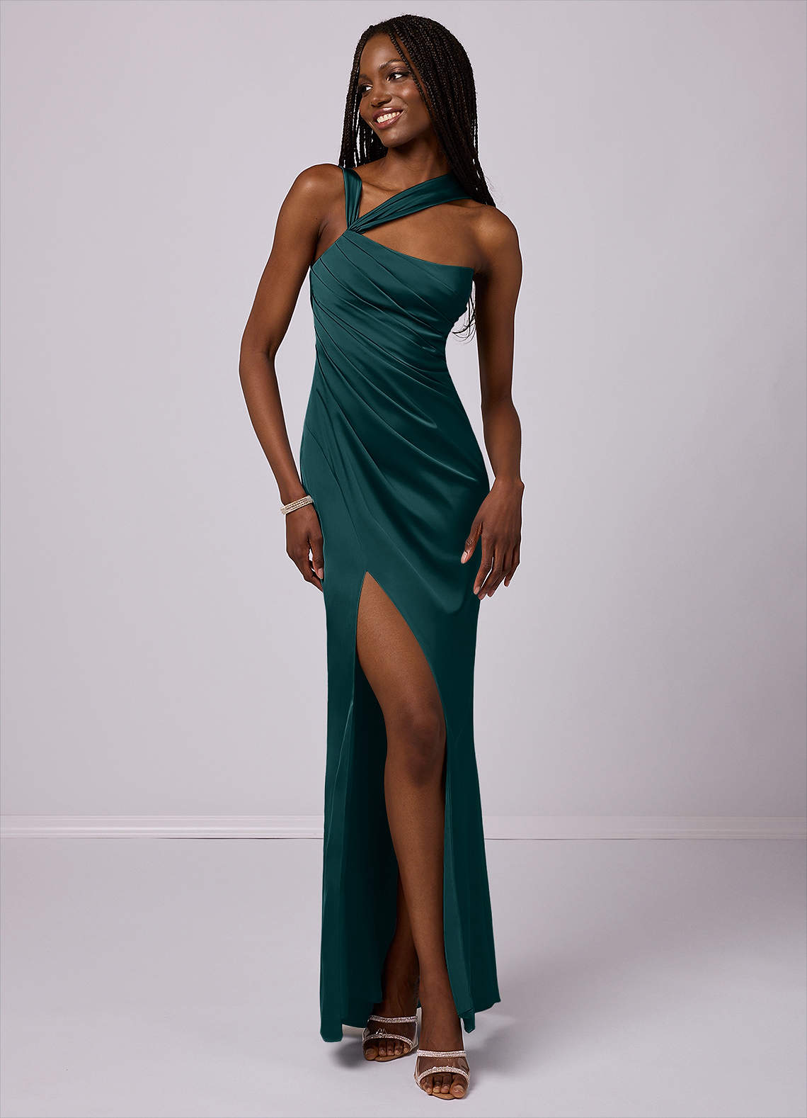 Barbie ♥ Azazie Bridesmaid Dresses Pine Mermaid One Shoulder Stretch Satin Dress image2