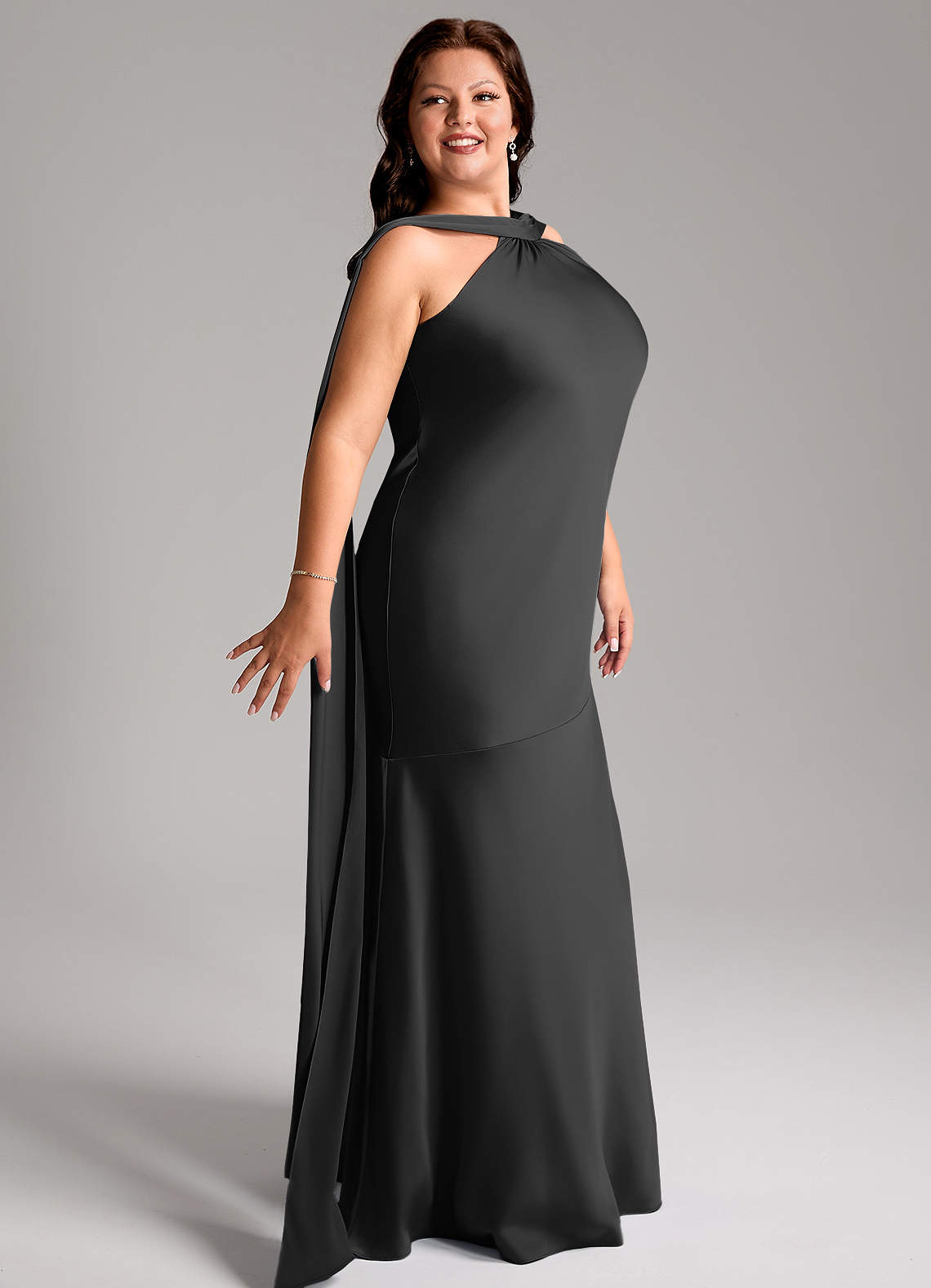 Azazie Kinsley Bridesmaid Dresses Black Mermaid Side Slit Stretch Satin Dress image11