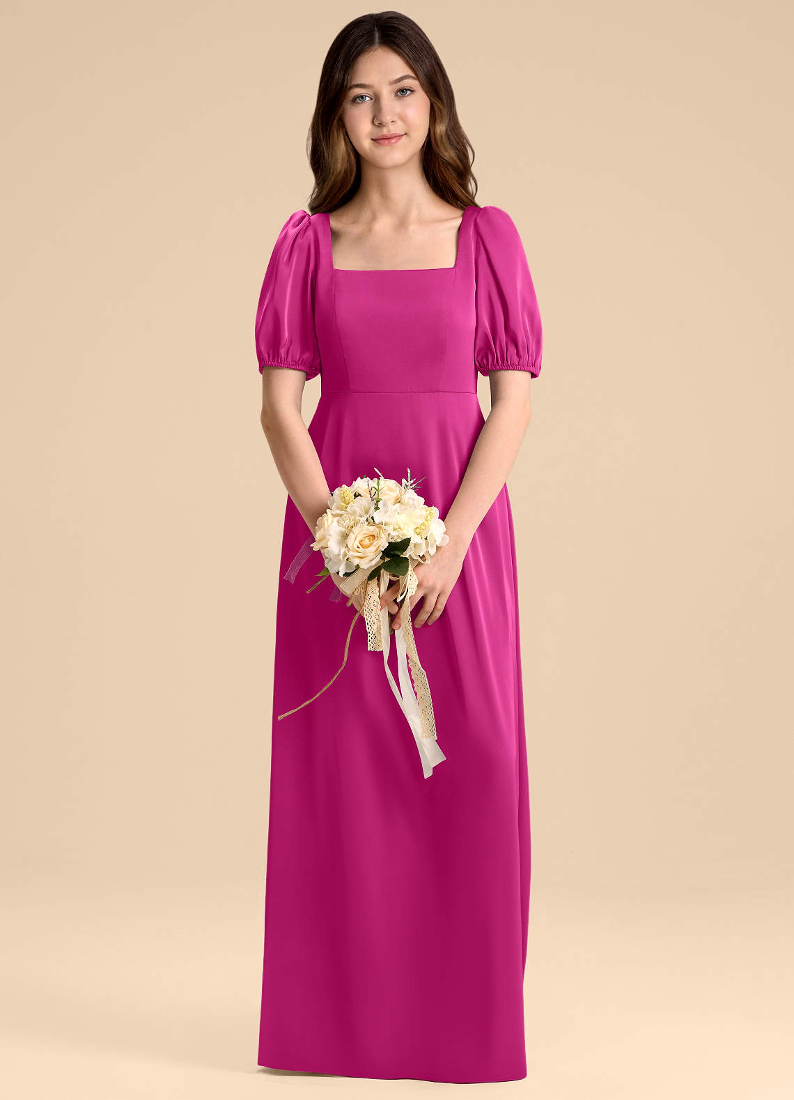 Azazie Briar Junior Vestido de Fucsia de Satén Elástico de Corte en A con Lazo image1