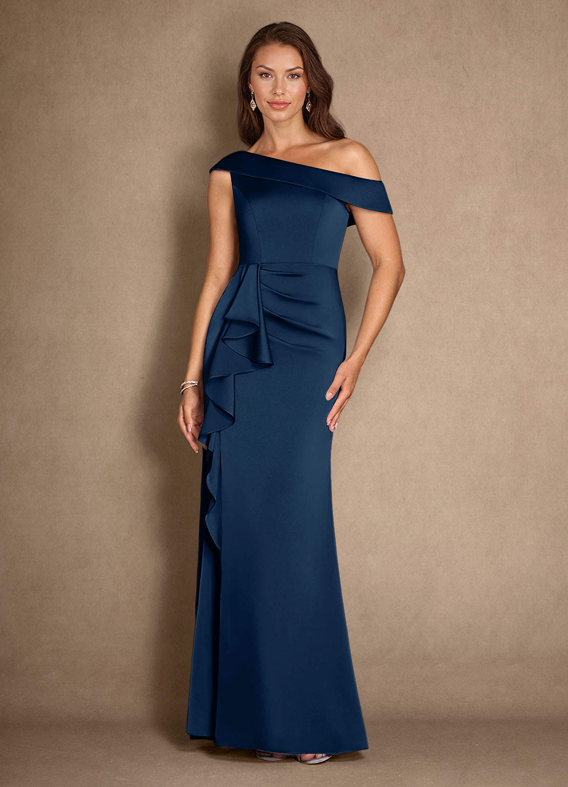 Azazie Hamptons Mother of the Bride Dresses Dark Navy A-Line Pleated Stretch Satin Dress image1
