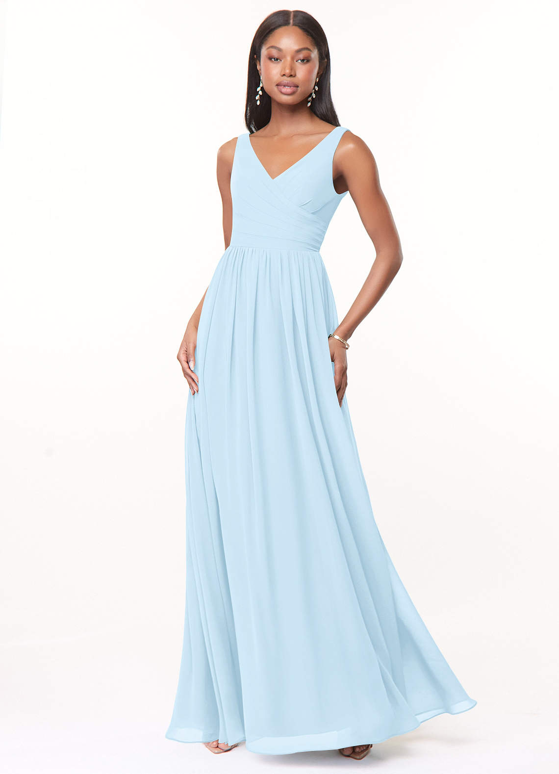 Azazie Keyla Brautjungfernkleider A-Linie V-Hals Gefaltet Chiffon Kleid Himmelblau image1