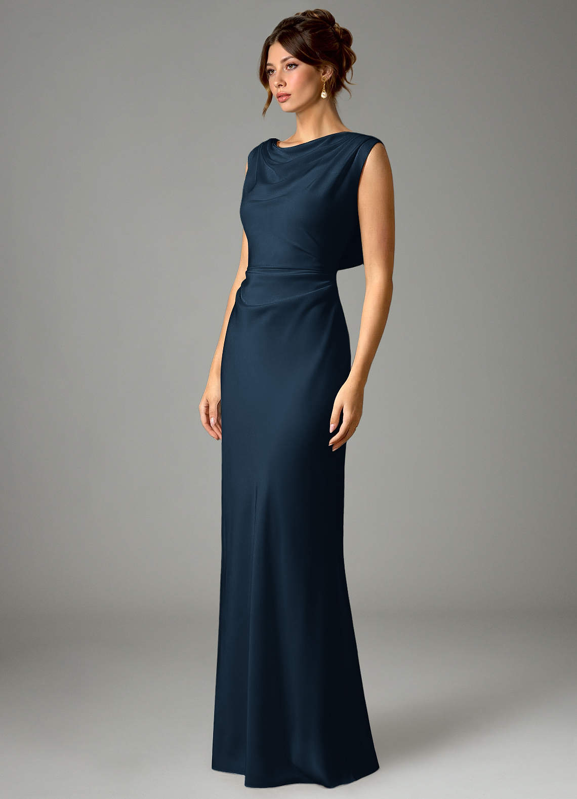 Azazie Kieryn Bridesmaid Dresses Dark Navy Mermaid Pleated Stretch Satin Dress image2