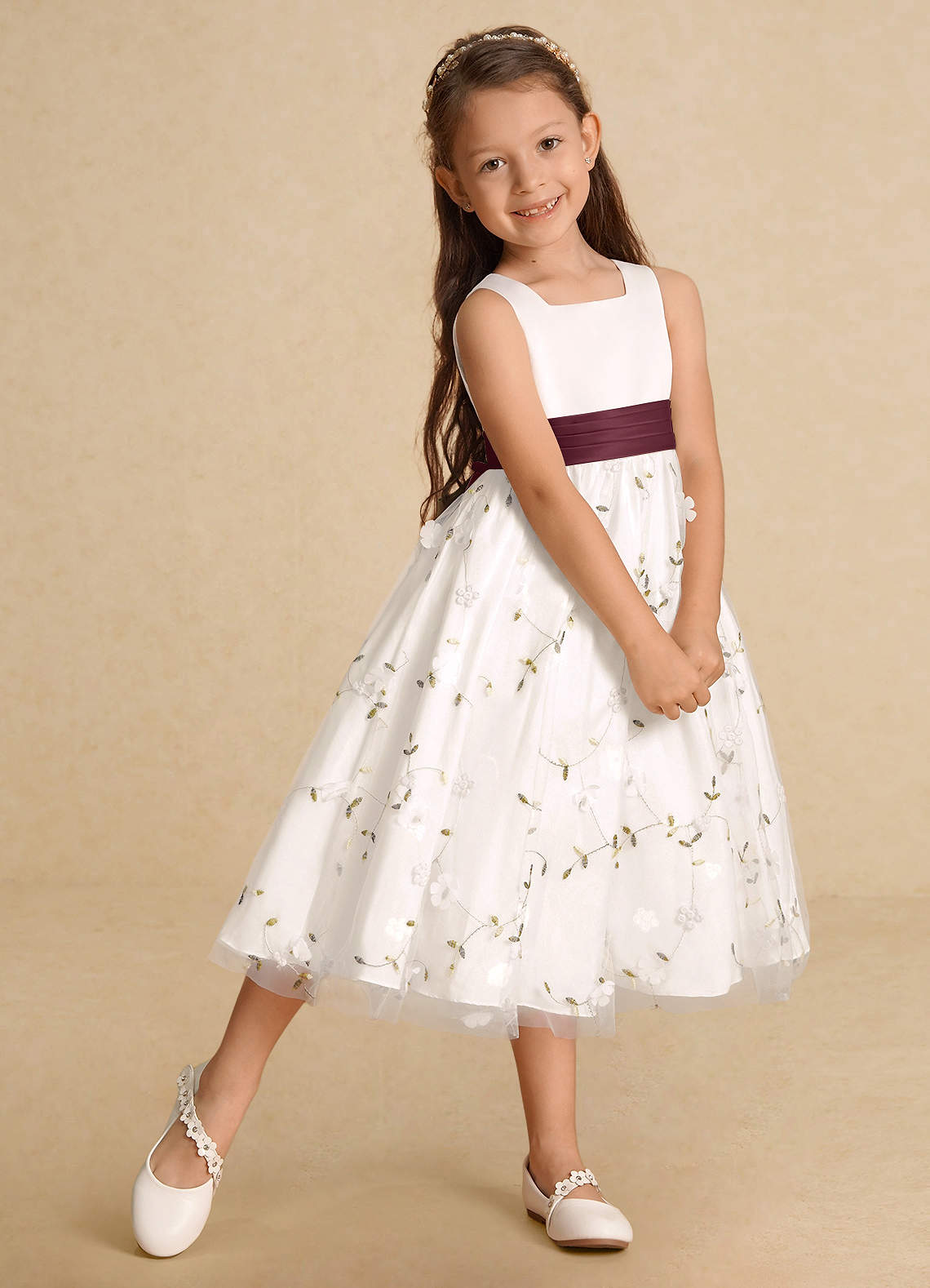 Azazie Pollie Flower Girl Dresses Ivory Cabernet A-Line Bow Tulle Dress image8