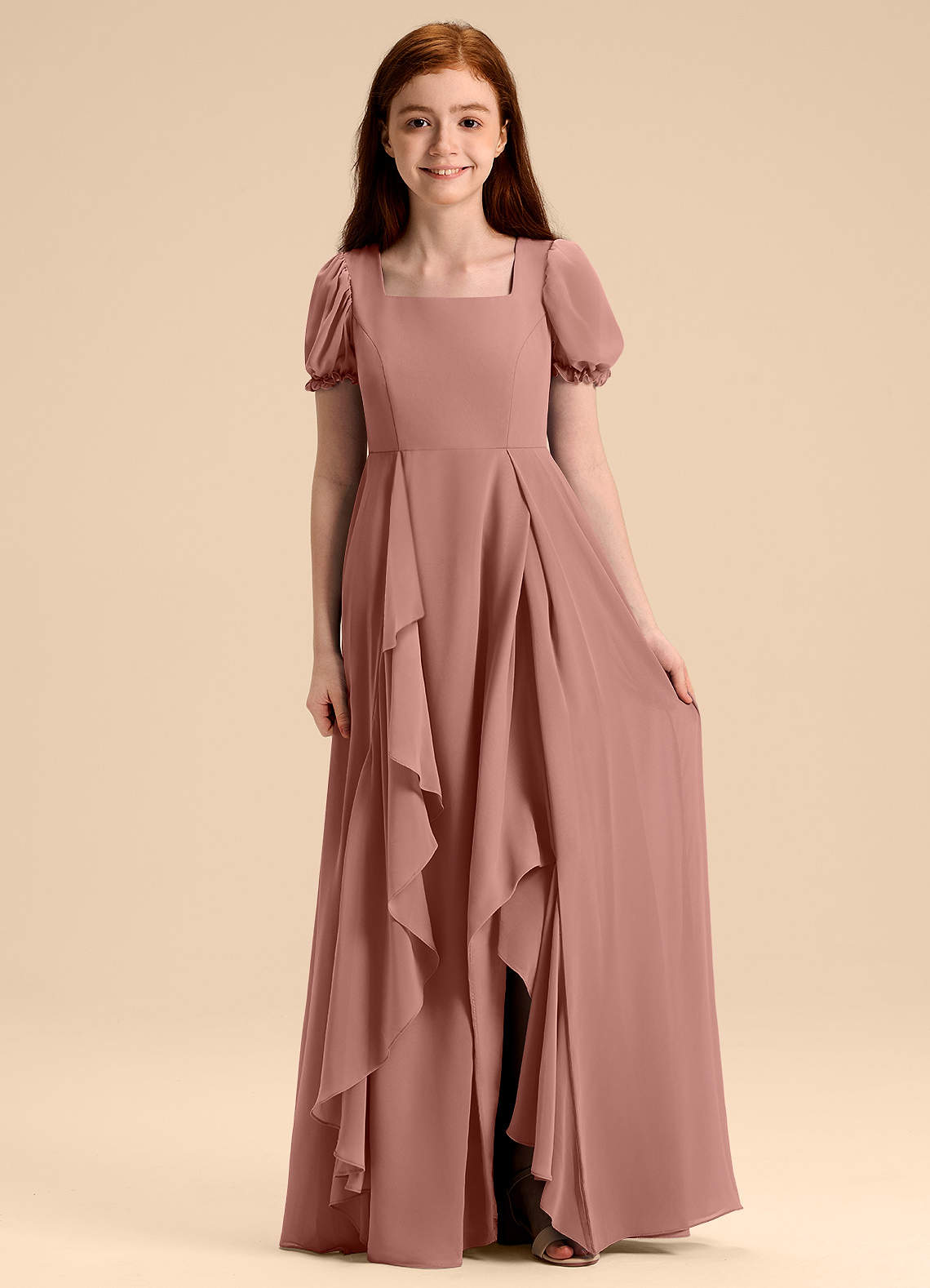 Azazie Priya Junior Cedar Rose A-Line Blouson Chiffon Dress image1