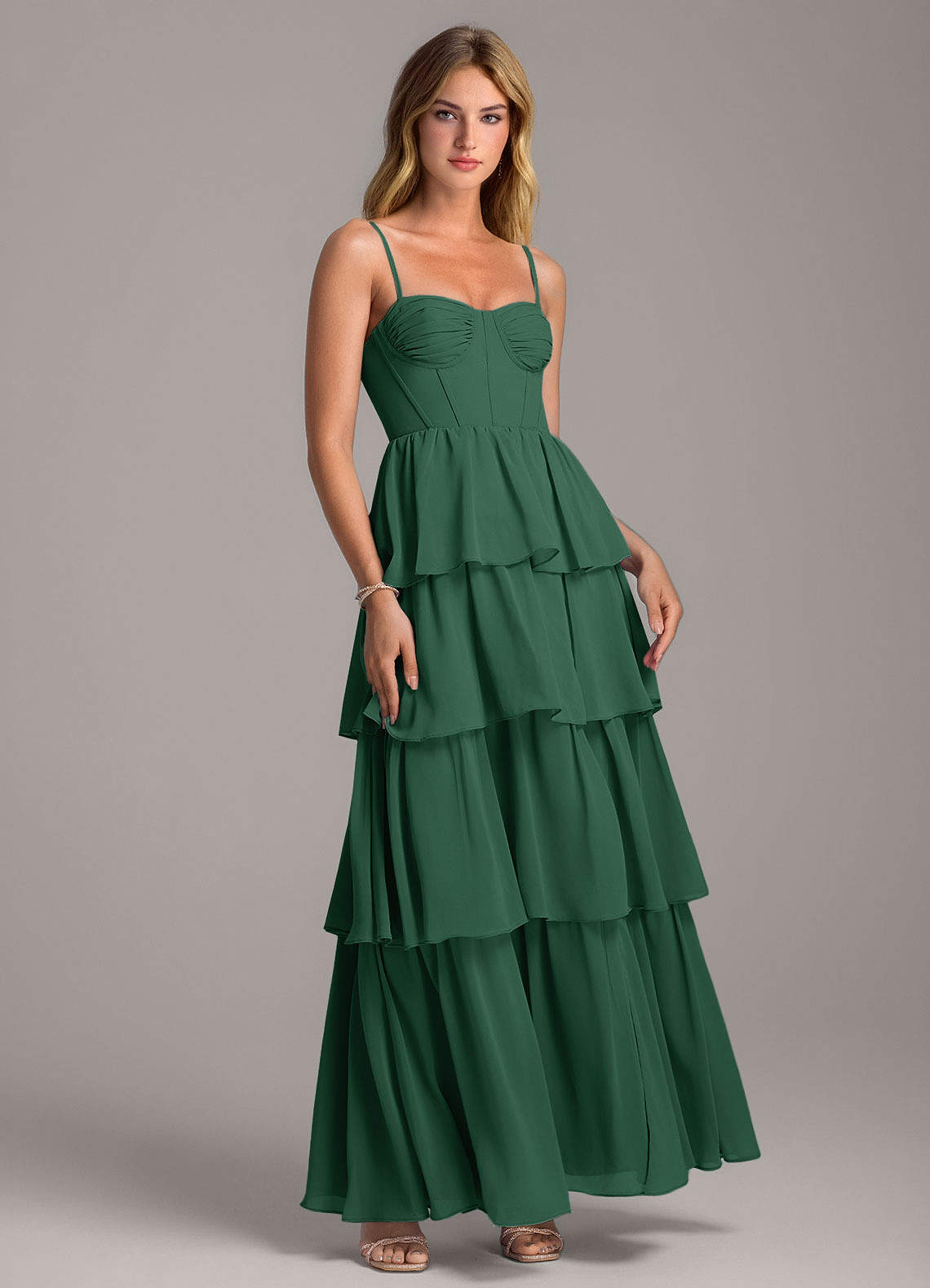 Azazie Alanna Abiti da Damigella Abito A-Line in Chiffon Scollo a Cuore Verde Scuro image1