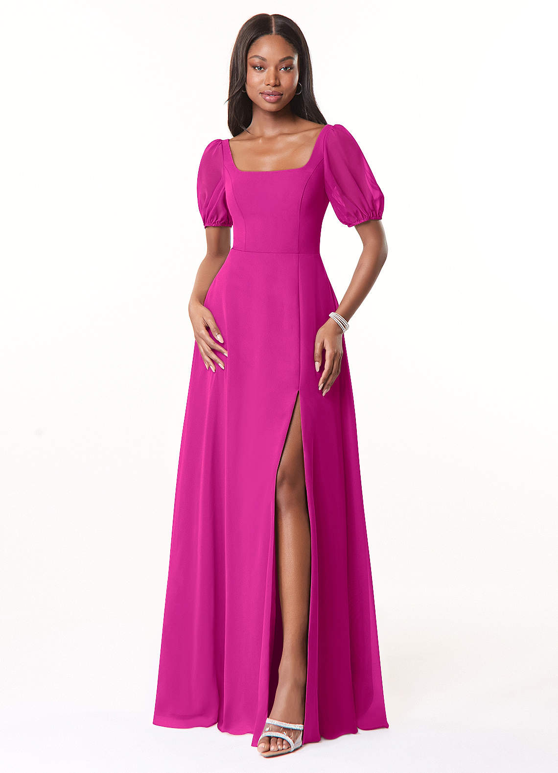 Azazie Alani Robes de demoiselle d'honneur Robe Trapèze en Mousseline de soie Encolure carrée Fuchsia image1