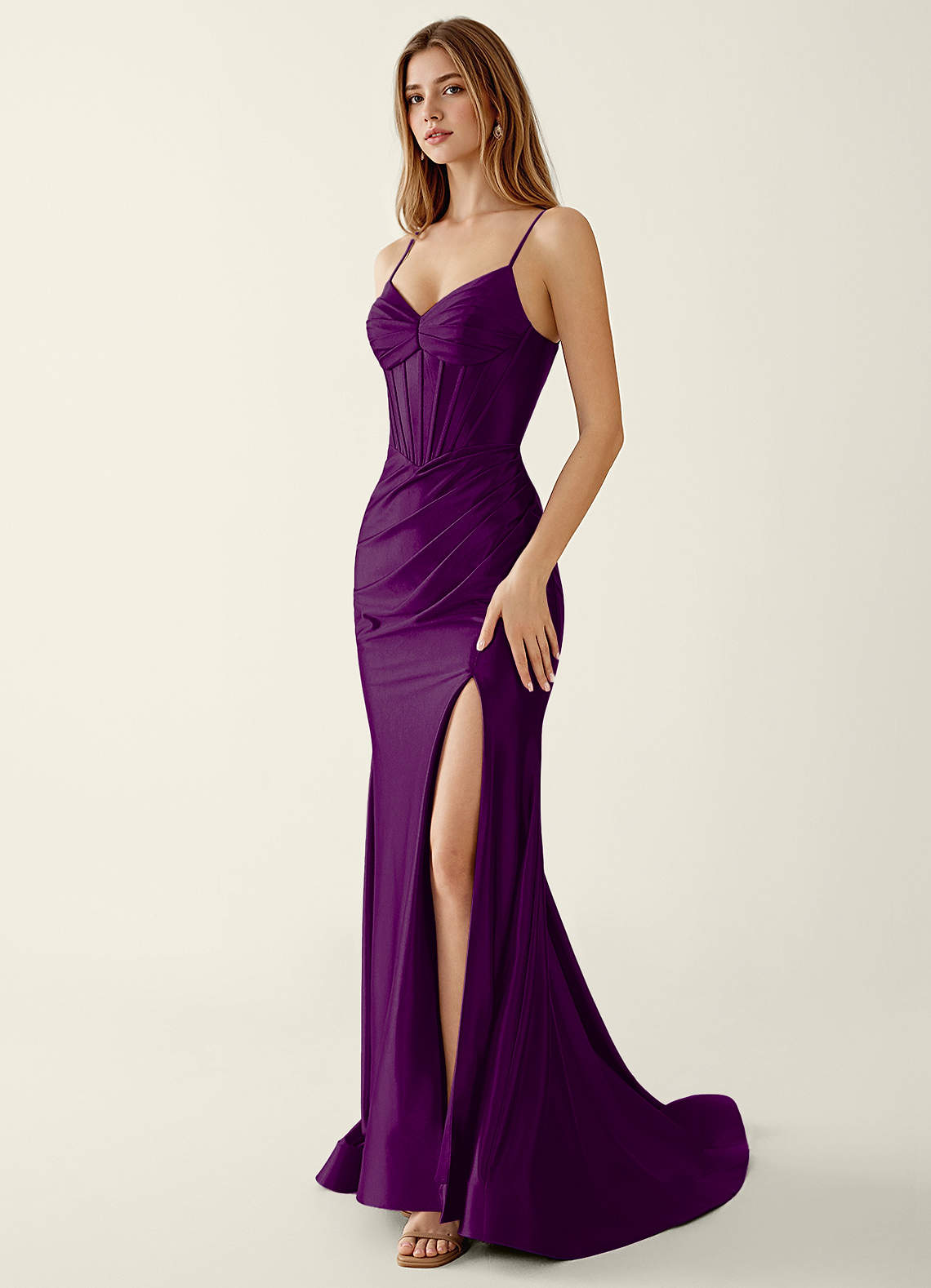 Indigo Grape Satin V-neck Sequins Mermaid Prom Dress | Azazie