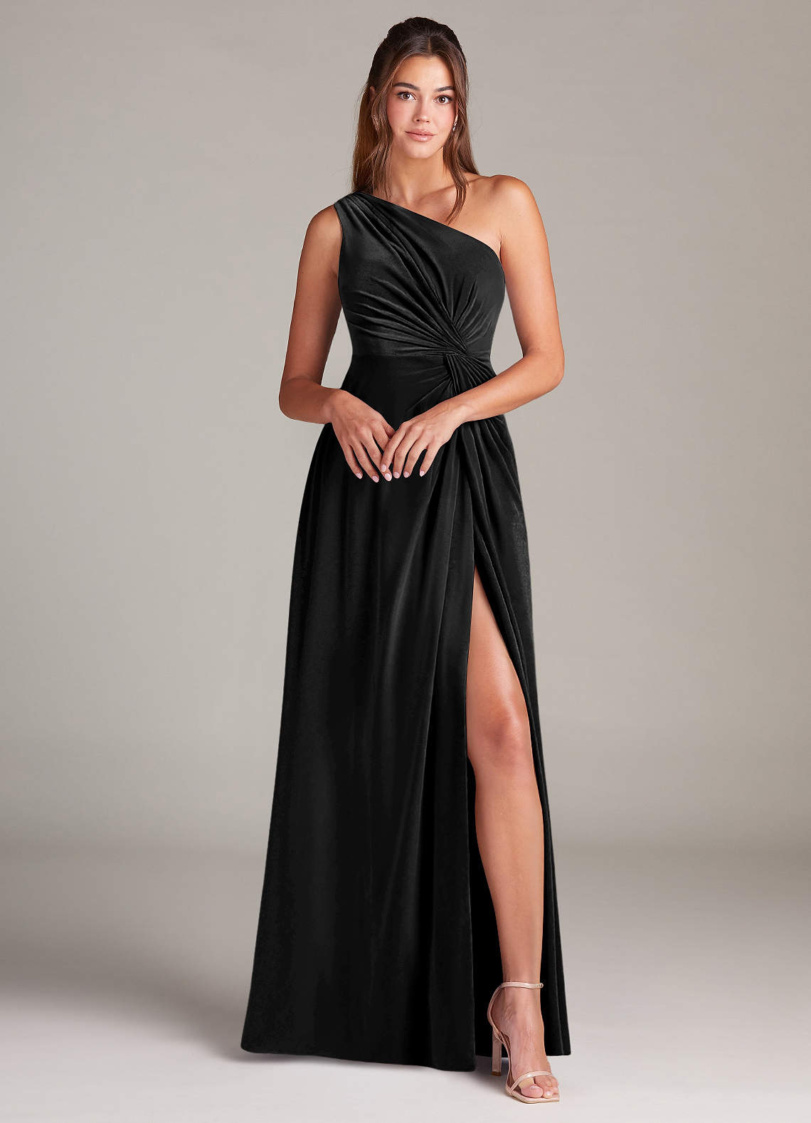 Azazie Brooke Bridesmaid Dresses Black A-Line One Shoulder Velvet Dress image3