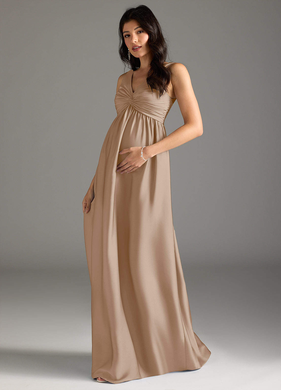 Azazie Yetta Maternity Bridesmaid Dresses A-Line Pleated Stretch Satin Floor-Length Dress image1