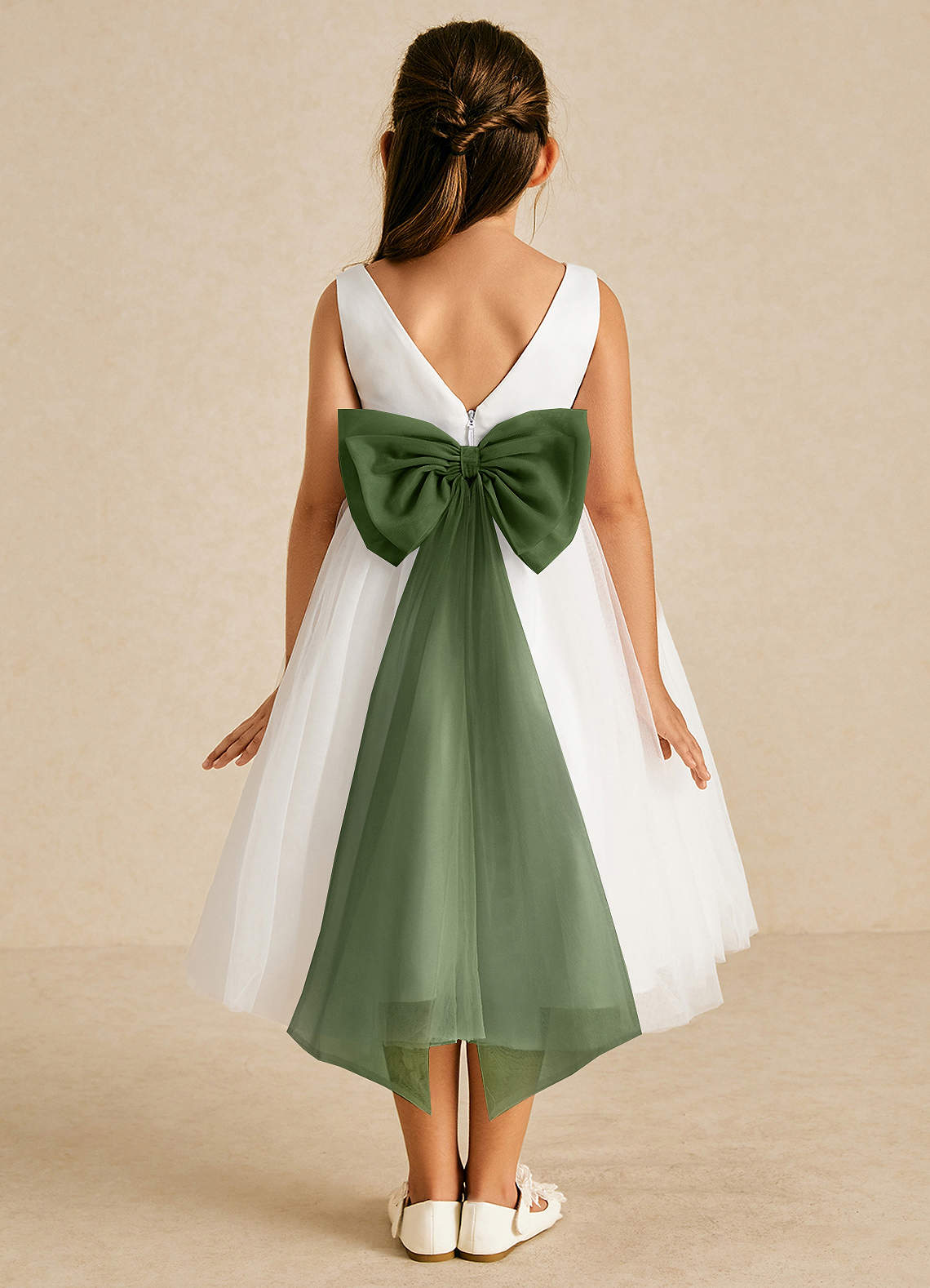 Azazie Kavi Flower Girl Dresses Ivory Olive A-Line Bow Matte Satin Dress image1