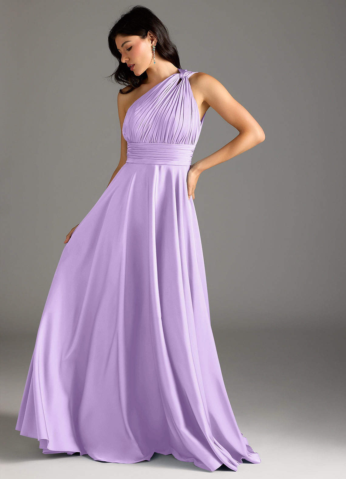 Azazie Charlize Bridesmaid Dresses Lilac A-Line One Shoulder Stretch Satin Dress image4