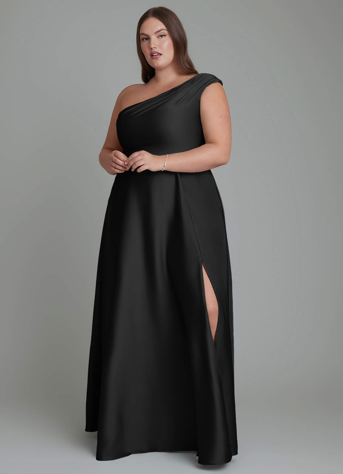 Azazie Melanie Bridesmaid Dresses Black A-Line Off the Shoulder Stretch Satin Dress image1