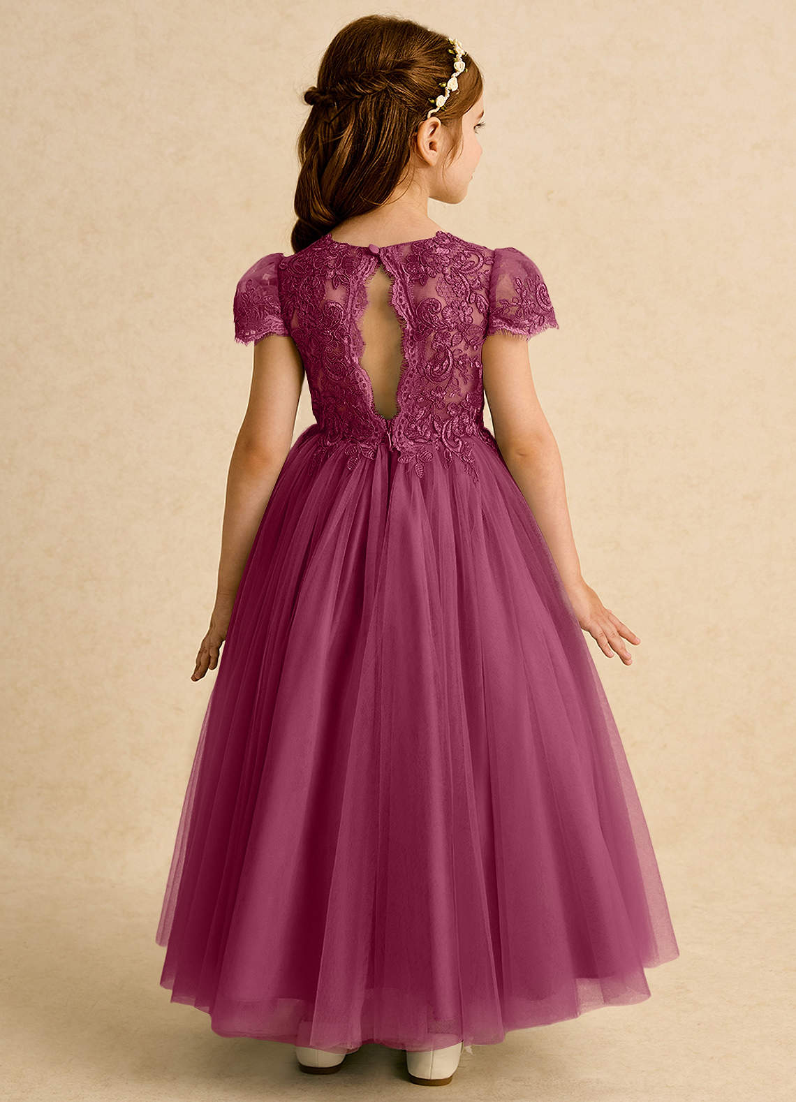 Azazie Puff Flower Girl Dresses Mulberry Ball-Gown Lace Tulle Dress image1