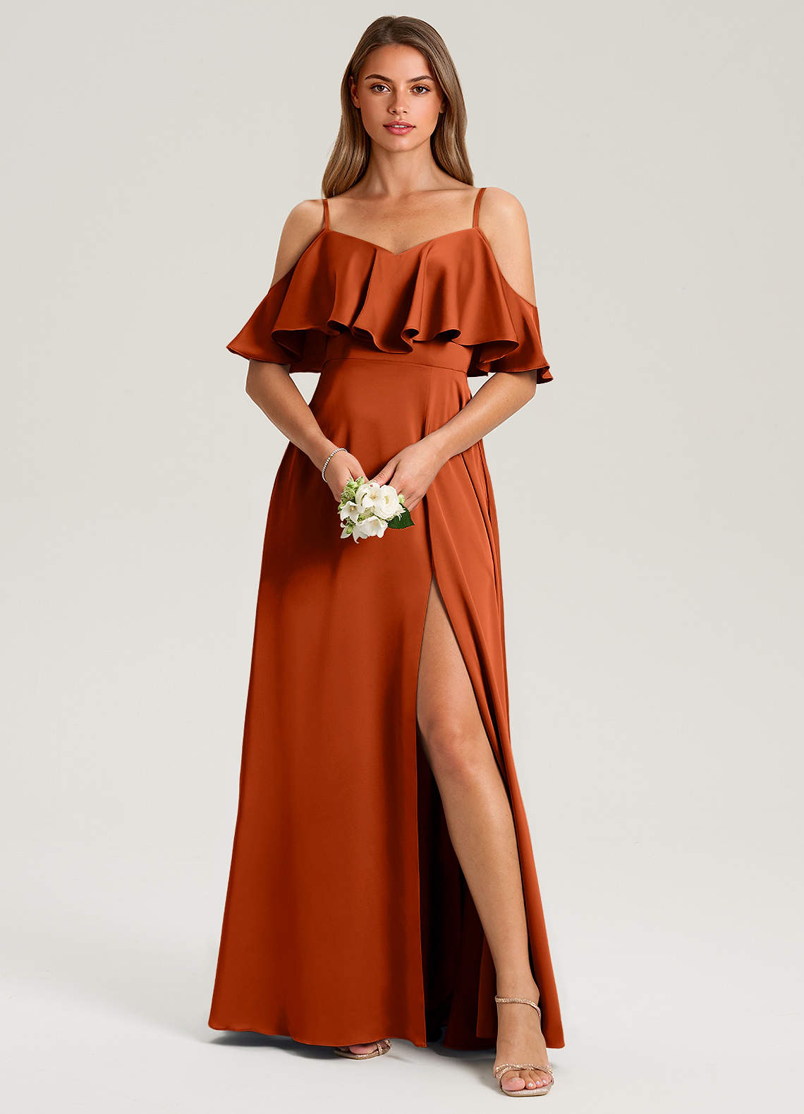 Azazie Jean Brautjungfernkleider A-Linie Schulterfrei Stretch-Satin Kleid Paprika image1